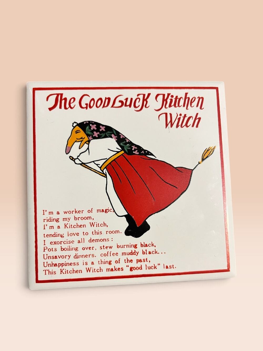Vintage Good Luck Kitchen Witch Trivet Wall Plaque Kitchen Décor Halloween title